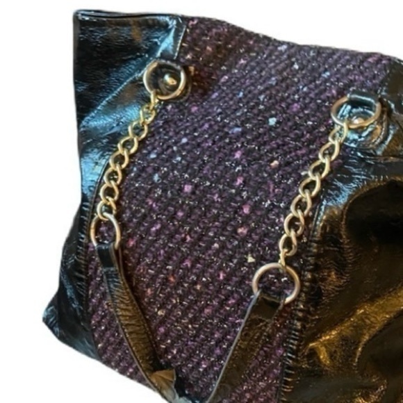 Betsey Johnson Handbags - Betsy Johnson black tote with plum fabric inset and gold details